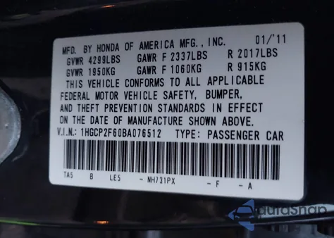 2011 Honda Accord 2.4 Se from USA, damaged, VIN 1HGCP2F60BA076512